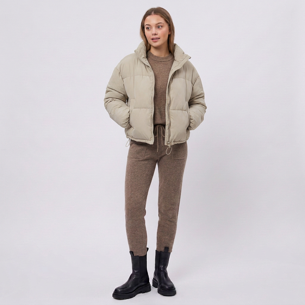 Stand Collar Cropped Puffer Jacket with Drawcord Hem