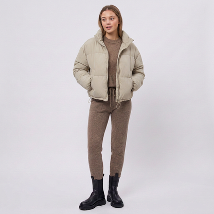 Stand Collar Cropped Puffer Jacket with Drawcord Hem