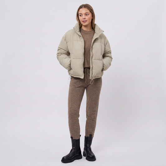 Stand Collar Cropped Puffer Jacket with Drawcord Hem