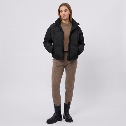 Stand Collar Cropped Puffer Jacket with Drawcord Hem