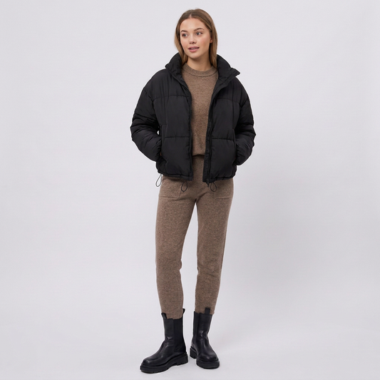 Stand Collar Cropped Puffer Jacket with Drawcord Hem