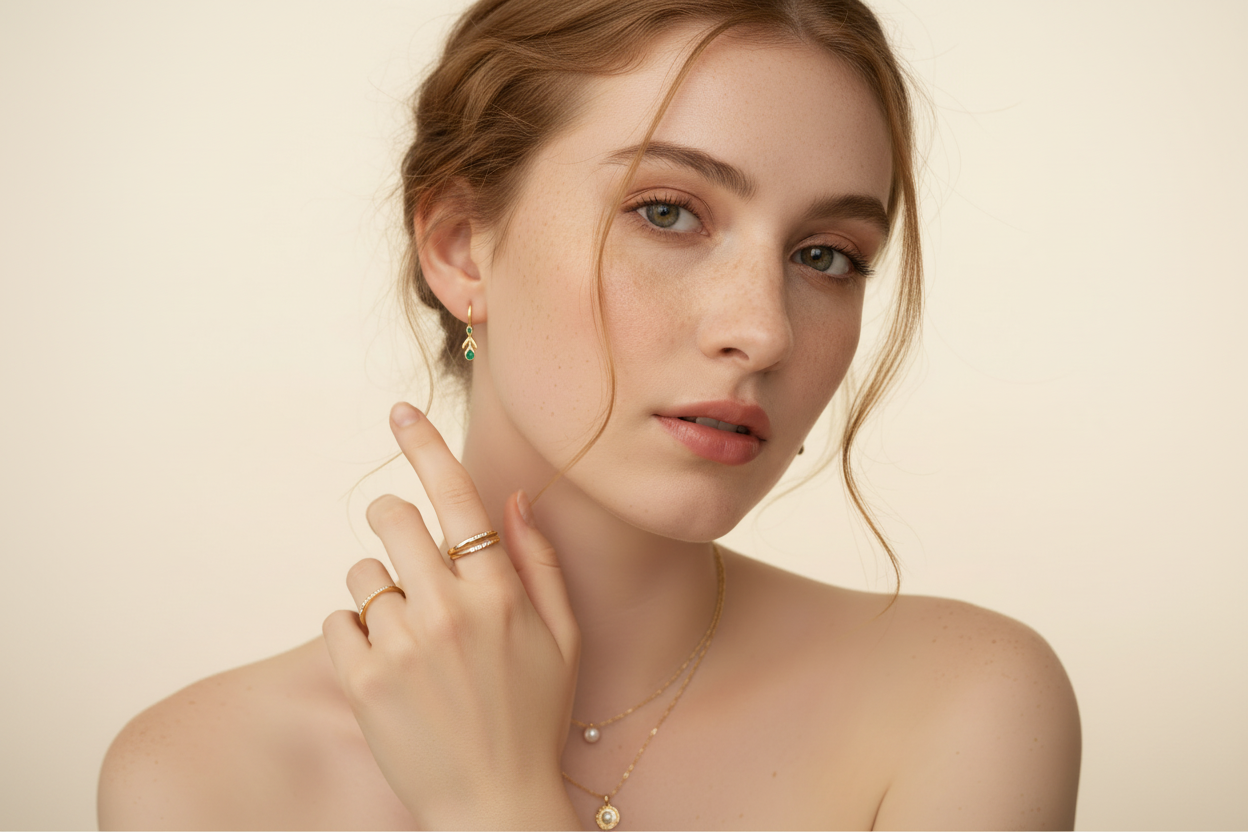 Woman wearing gold jewelry including earrings, ring, and necklace on a beige background