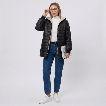 Hooded Lightweight Puffer Jacket with Zip Front and Ribbed Cuffs
