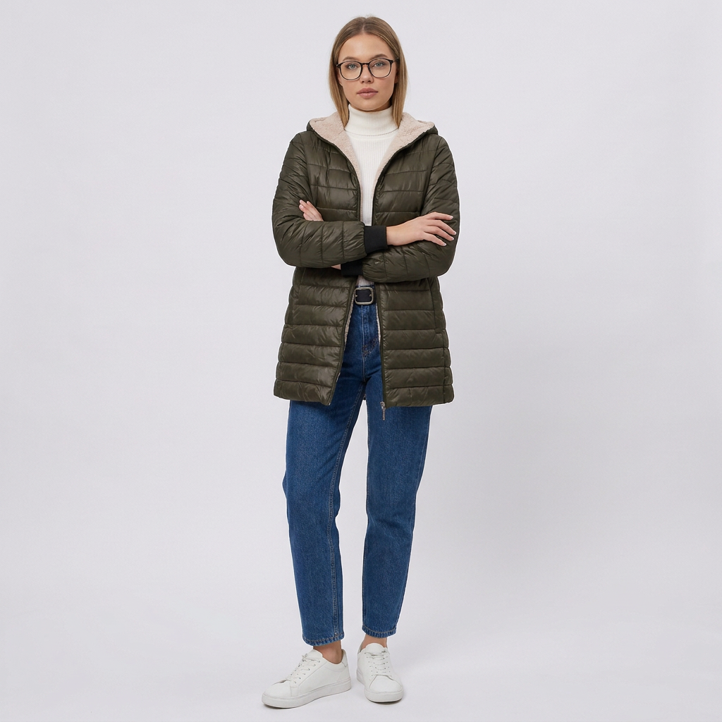 Hooded Lightweight Puffer Jacket with Zip Front and Ribbed Cuffs