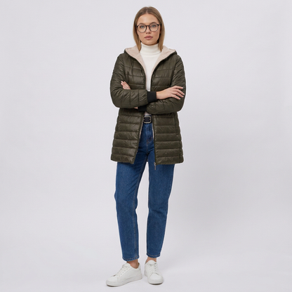 Hooded Lightweight Puffer Jacket with Zip Front and Ribbed Cuffs