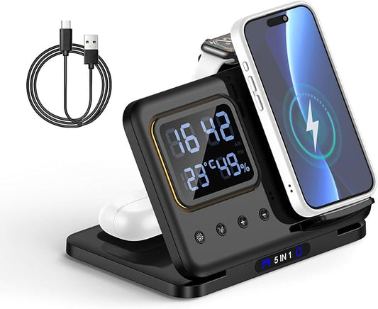 5 in 1 LED Digital Alarm Clock & Fast Charging Dock Station