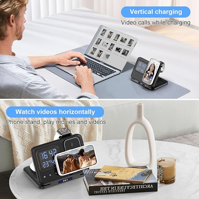 5 in 1 LED Digital Alarm Clock & Fast Charging Dock Station