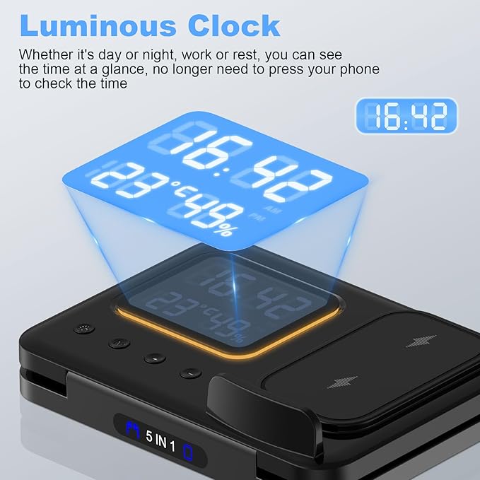 5 in 1 LED Digital Alarm Clock & Fast Charging Dock Station