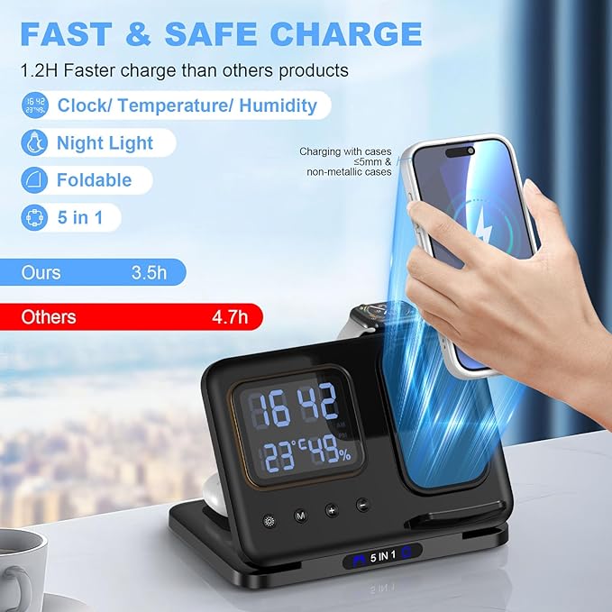 5 in 1 LED Digital Alarm Clock & Fast Charging Dock Station